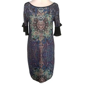NWT Desigual Women’s Small Blue/Black Mandala Tie Flutter Sleeve Shift Dress